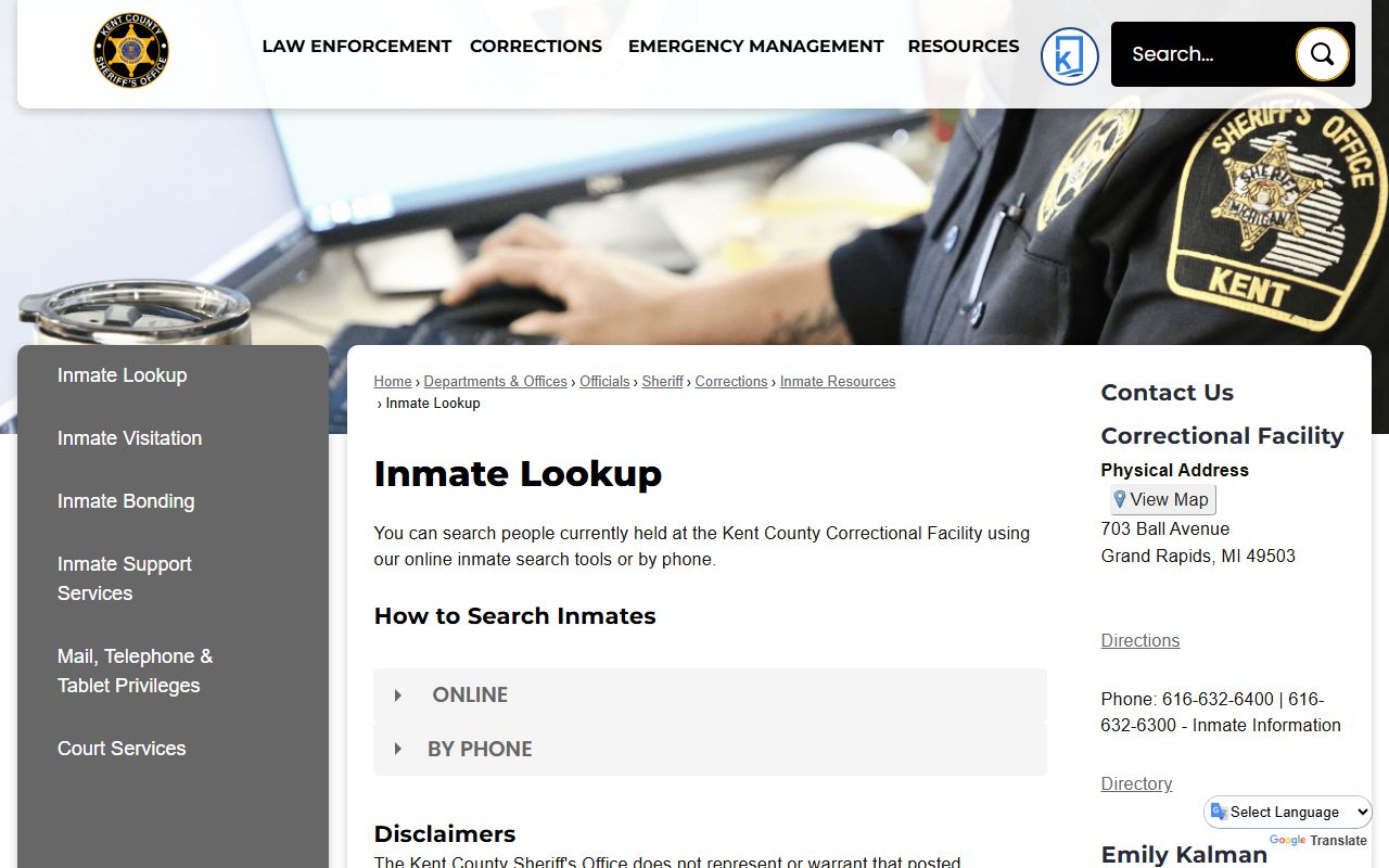 Kent County Sheriff inmate lookup page for Kent County booking reports