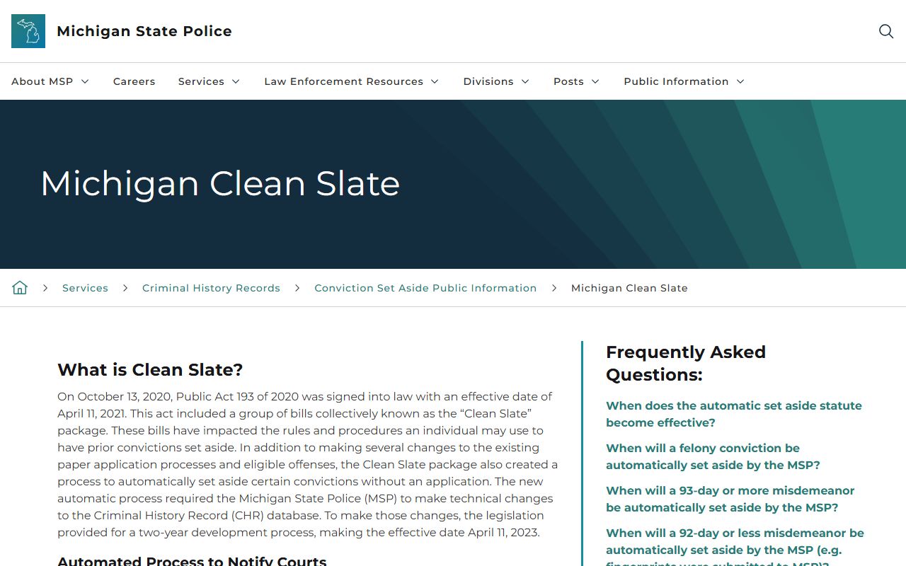 Michigan Clean Slate program for clearing booking reports and records