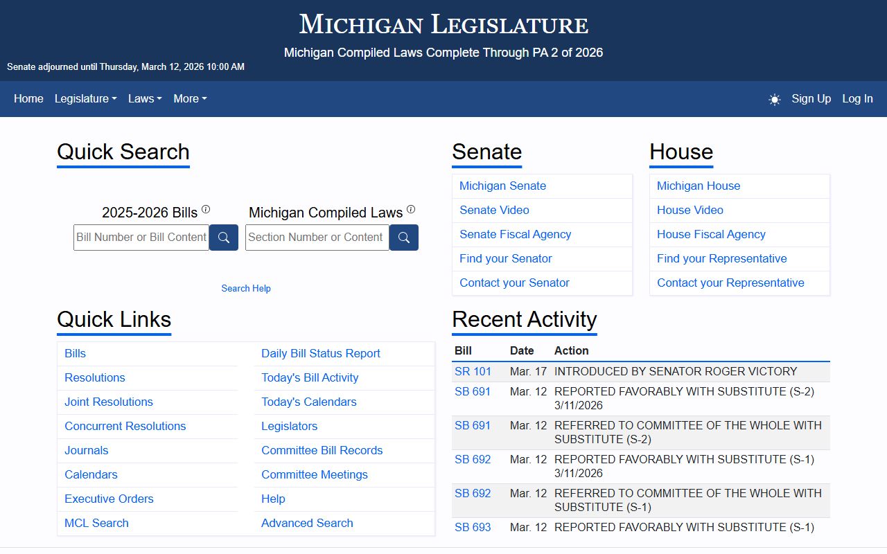 Michigan Legislature website for booking reports statutes and FOIA laws
